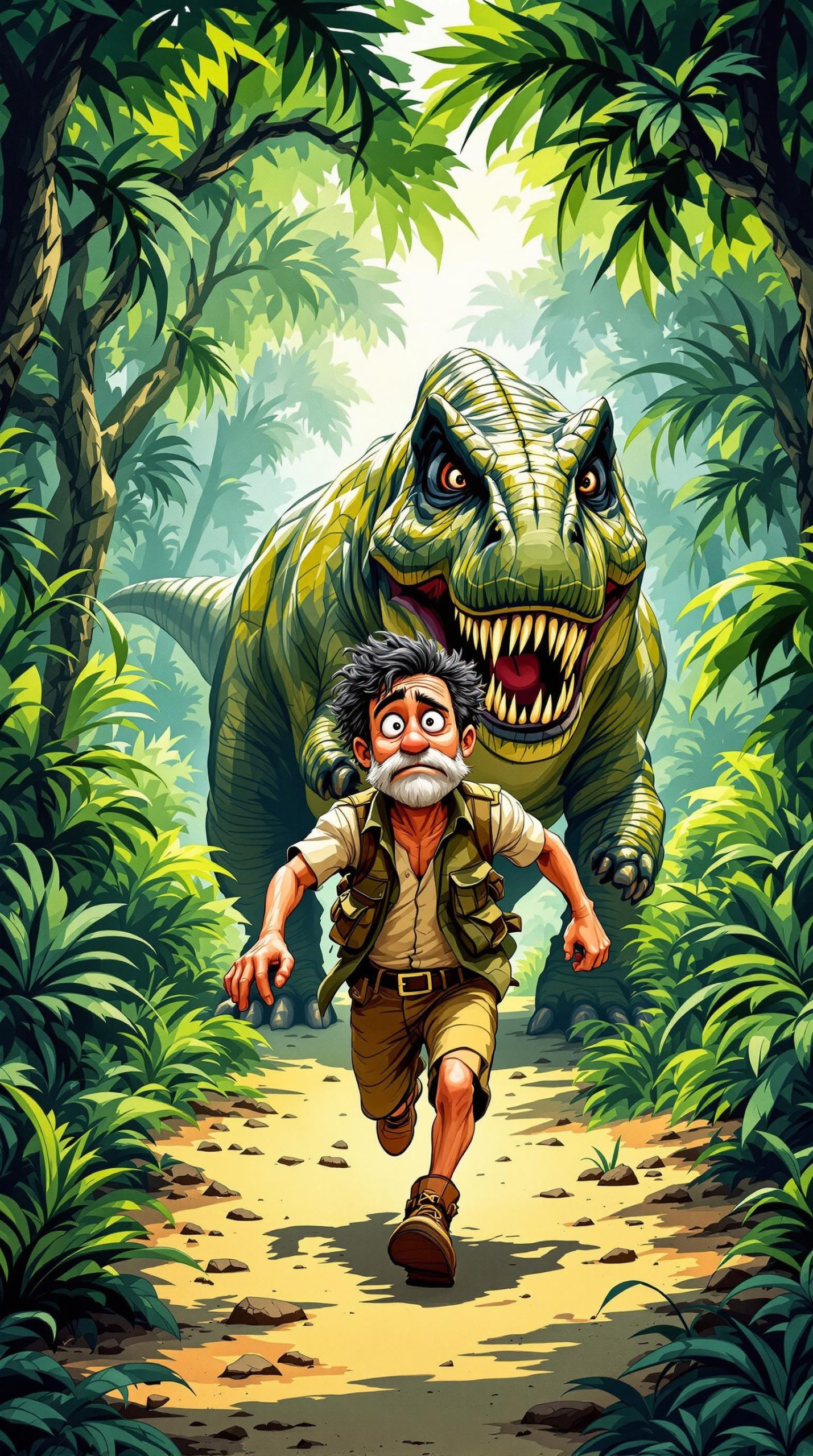 Cartoon Explorer Running from a Dinosaur in Dense Jungle