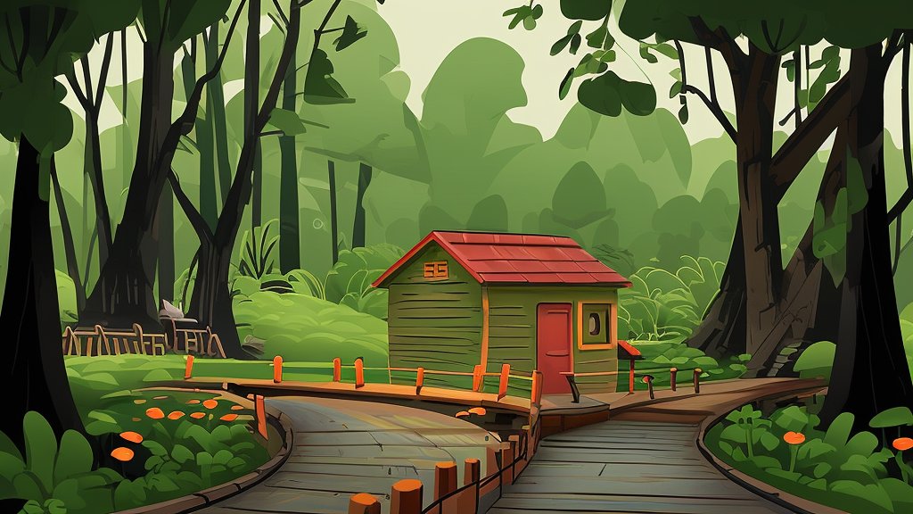 Cartoon Forest Cabin with Wooden Pathways