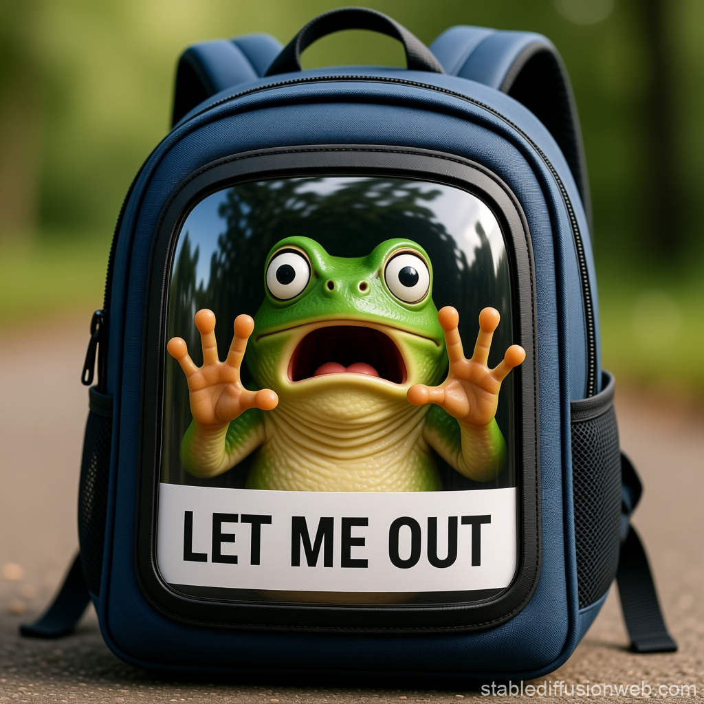 Cartoon Frog Trapped in Backpack with 'Let Me Out' Sign
