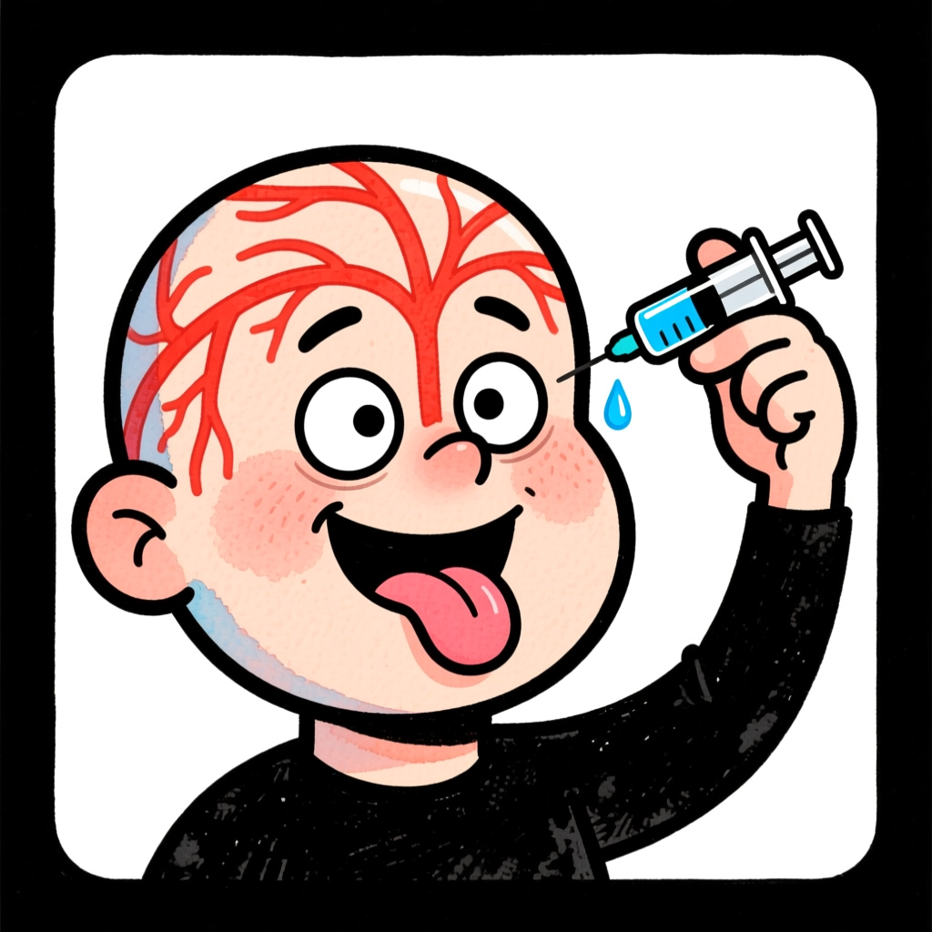 Cartoon Head with Syringe and Visible Brain Veins