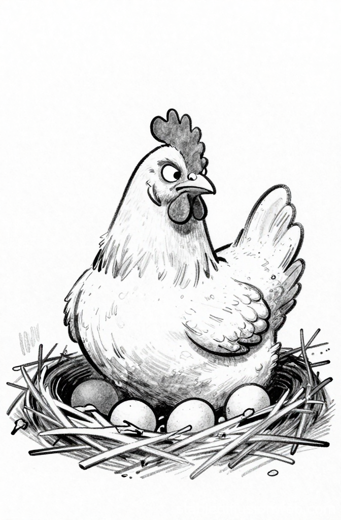 Cartoon Hen Guarding Eggs in Nest
