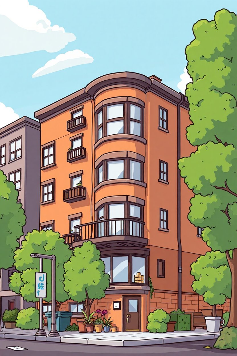 Cartoon Illustration of a Corner Apartment Building