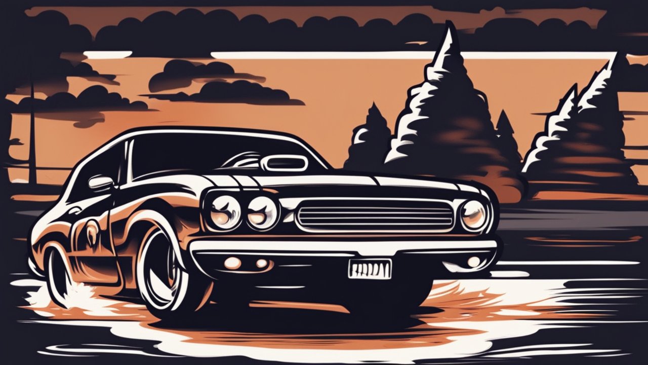 Cartoon Illustration of Oldschool Car Drifting at Sunset