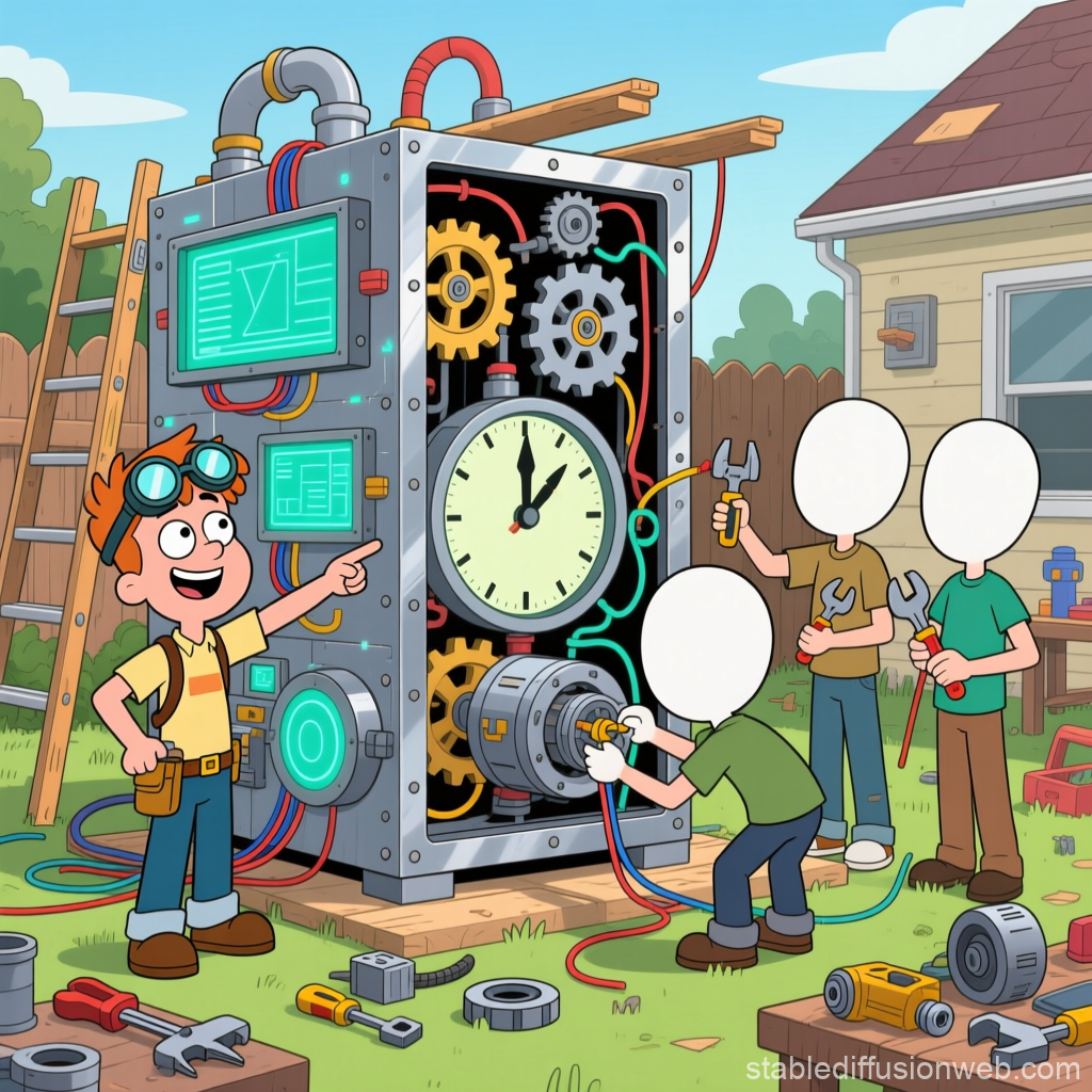 Cartoon Kids Building a Time Machine in Backyard