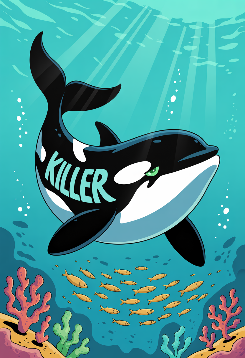 Cartoon Killer Whale Swimming Underwater
