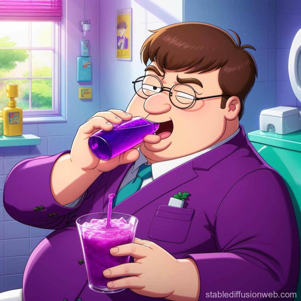 Cartoon Man in Purple Suit Drinking Purple Beverage