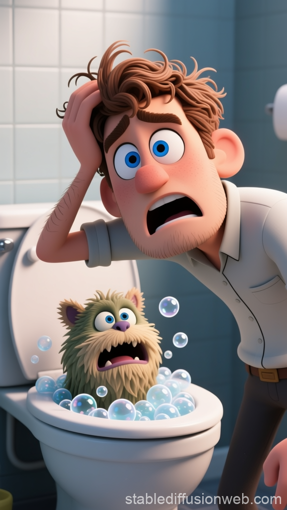 Cartoon Man Shocked by Fluffy Creature in Toilet