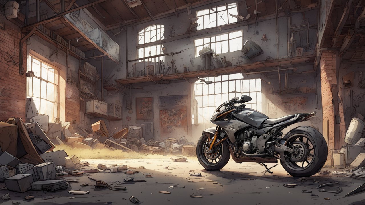 Cartoon Motorcycle in Abandoned Warehouse