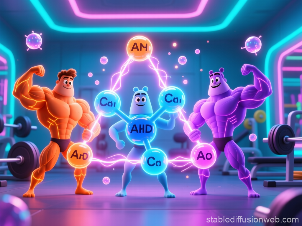 Cartoon Muscle-Bound Amino Acid Athletes in Neon Gym