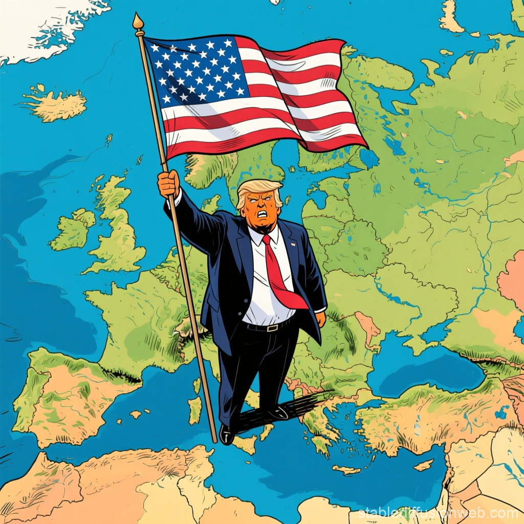 Cartoon of a Man Holding American Flag Over Europe Map