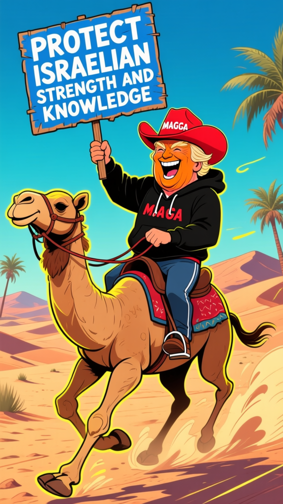 Cartoon of a Man in MAGA Hat Riding a Camel Holding a Sign