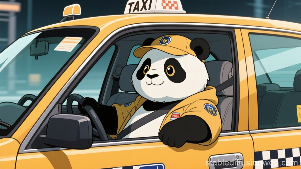 Cartoon Panda Driving a Yellow Taxi