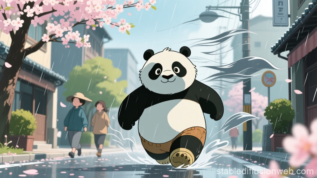 Cartoon Panda Splashing in Rainy Cherry Blossom Street