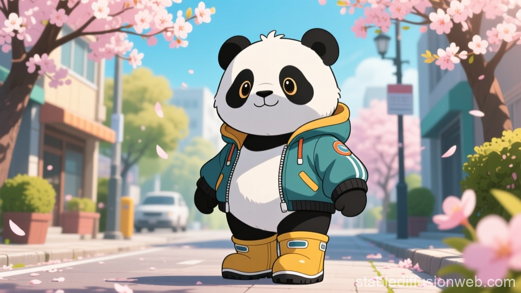 Cartoon Panda Walking in Spring Urban Street