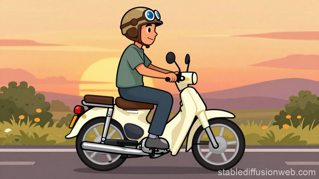 Cartoon Rider on Vintage Motorcycle at Sunset