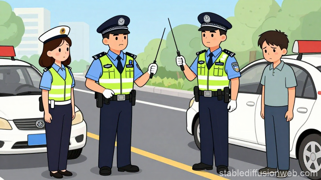 Cartoon Roadside Traffic Stop with Police Officers and Driver