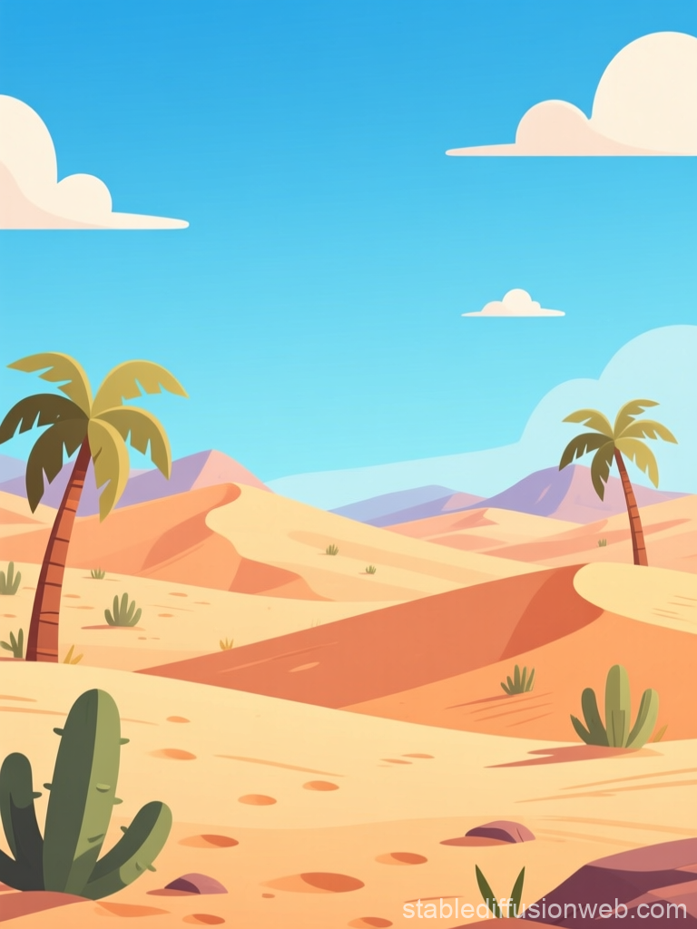 Cartoon Sandy Desert Landscape with Palm Trees