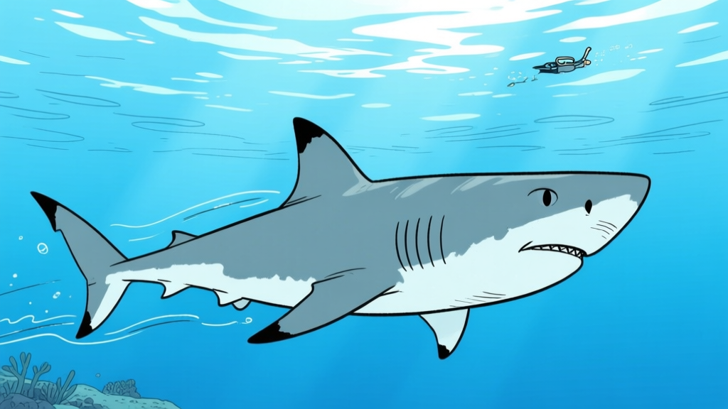 Cartoon Shark Gliding Underwater with Diver