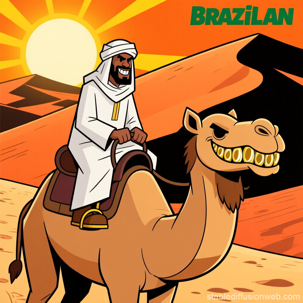 Cartoon Sheikh Riding a Grinning Camel in Desert