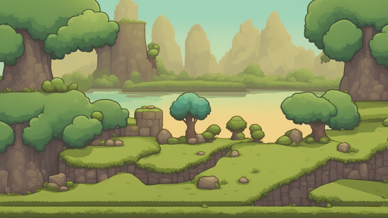 Cartoon Style 2D Landscape Tileset with Trees and Cliffs