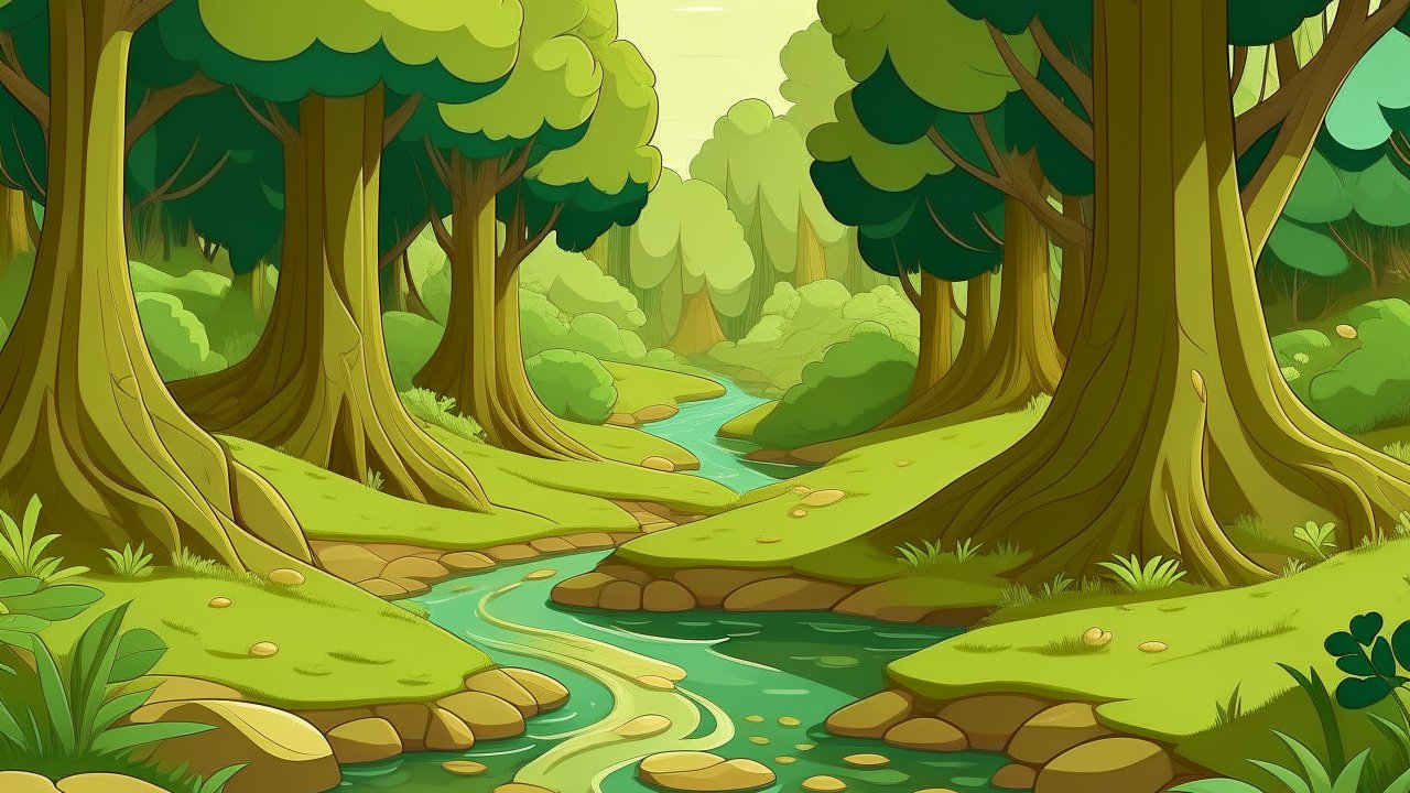 Cartoon Style Forest with Flowing Stream