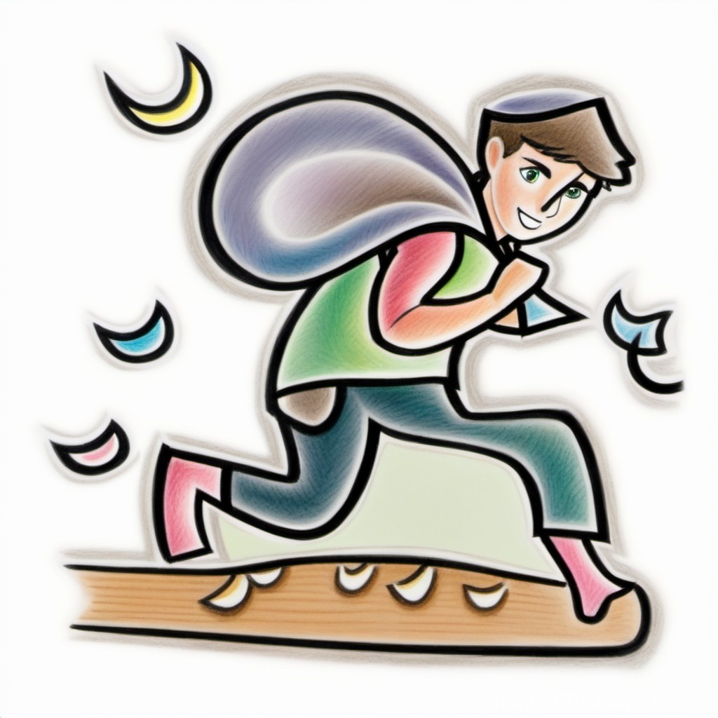 Cartoon Thief Running with Loot Bag