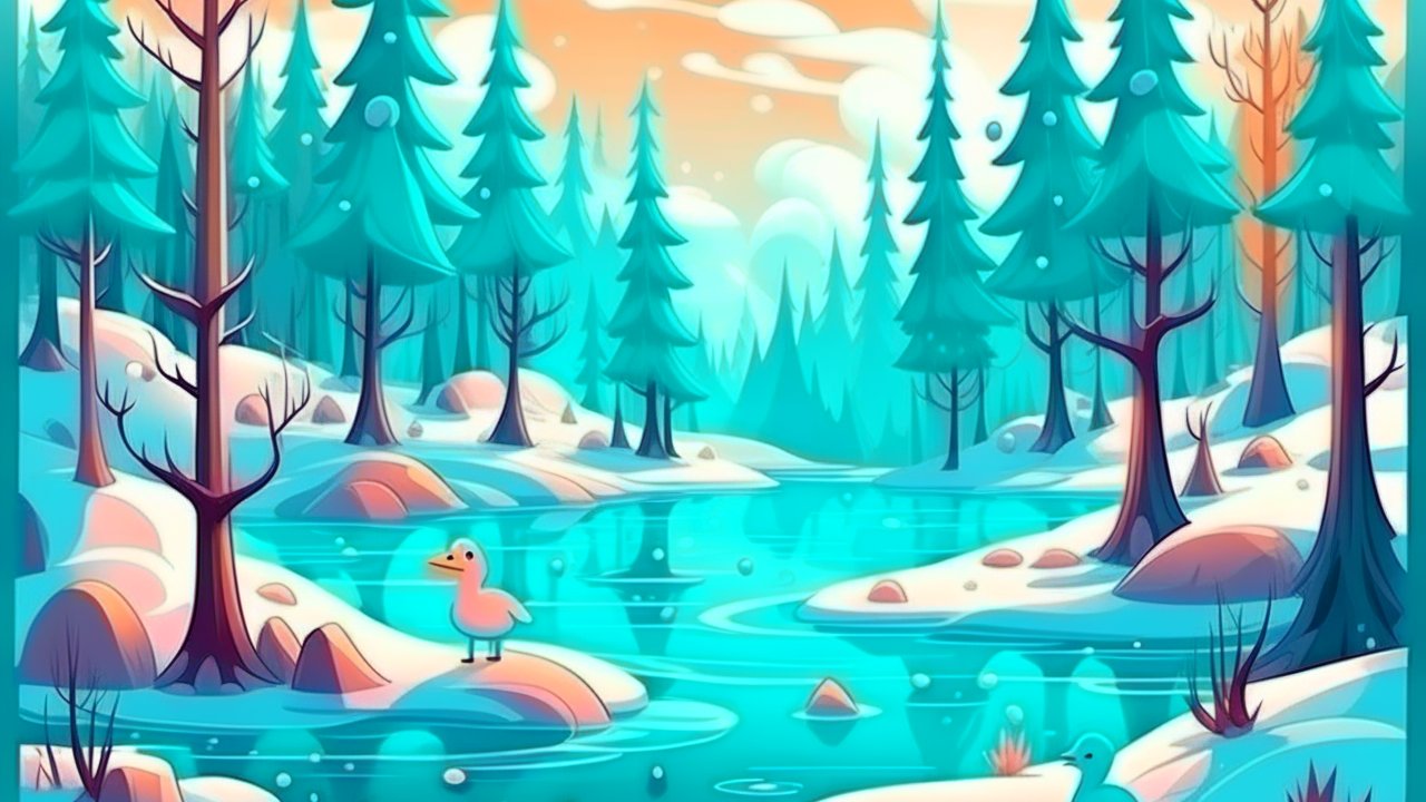 Cartoon Winter Forest with River and Ducks