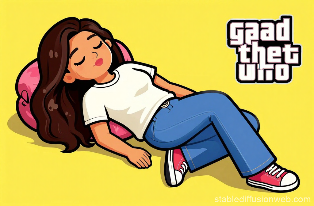 Cartoon Woman Sleeping on Yellow Background