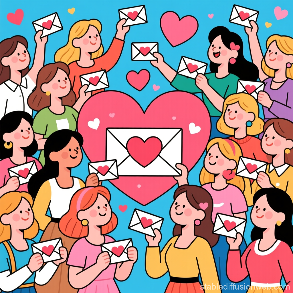 Cartoon Women Sharing Love Letters with Hearts