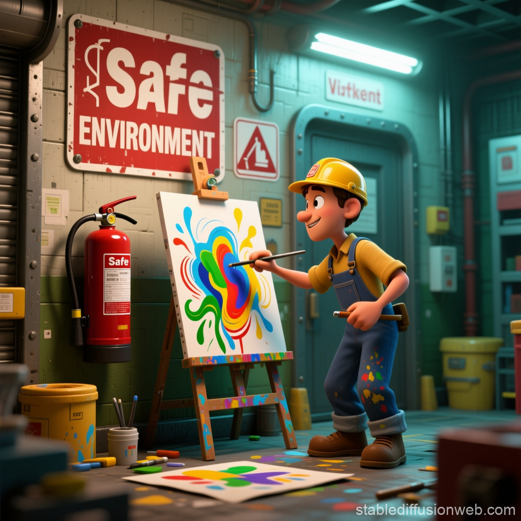 Cartoon Worker Painting Colorful Art in Safe Environment