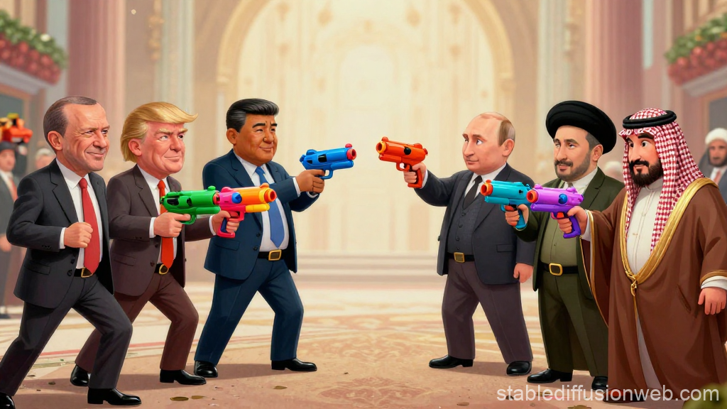 Cartoon World Leaders Facing Off with Toy Guns