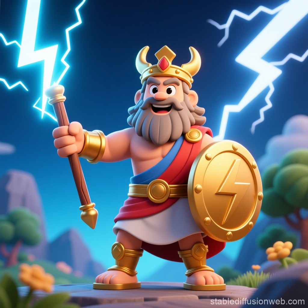 Cartoon Zeus Holding Lightning Bolt and Shield