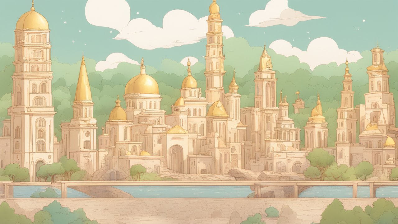 Cartoonish Cityscape with Golden Domes and Towers