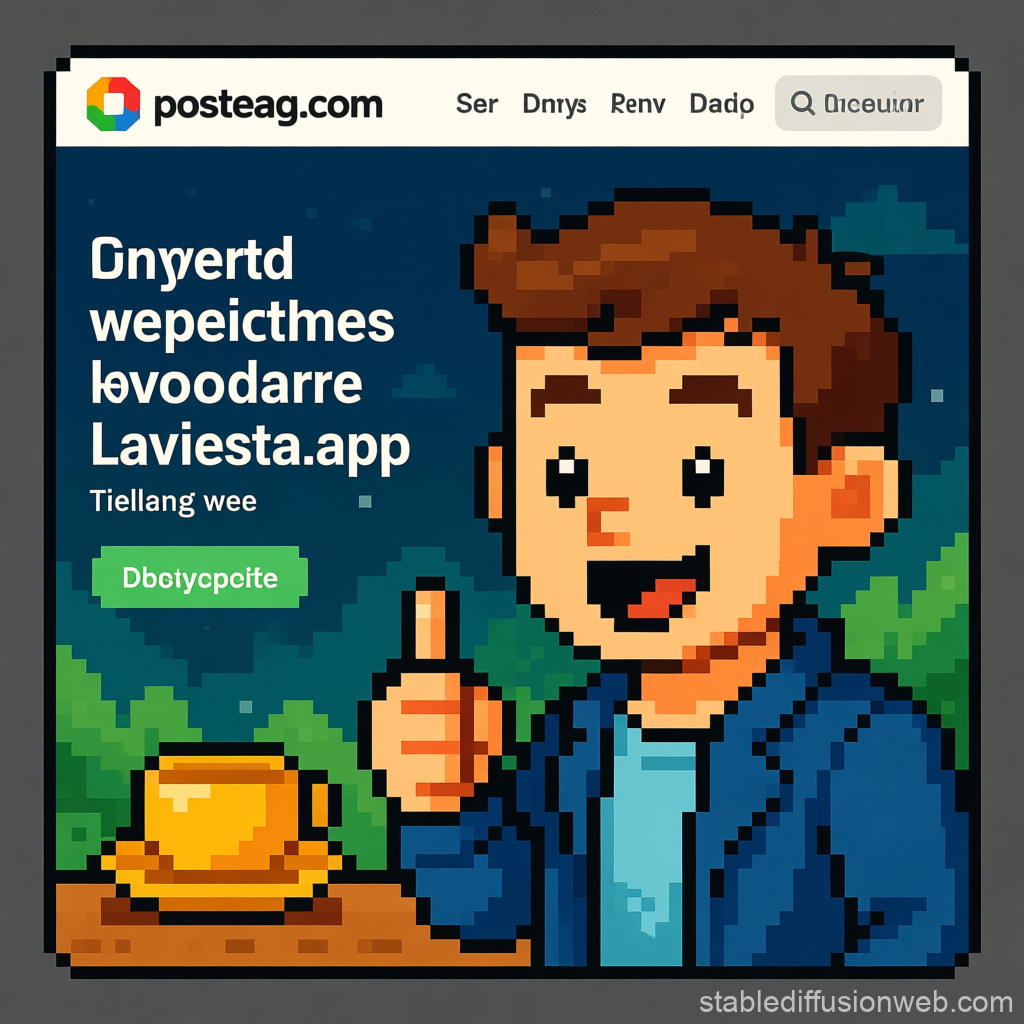 Cartoony Pixel Art Character with Thumbs Up and Coffee Cup