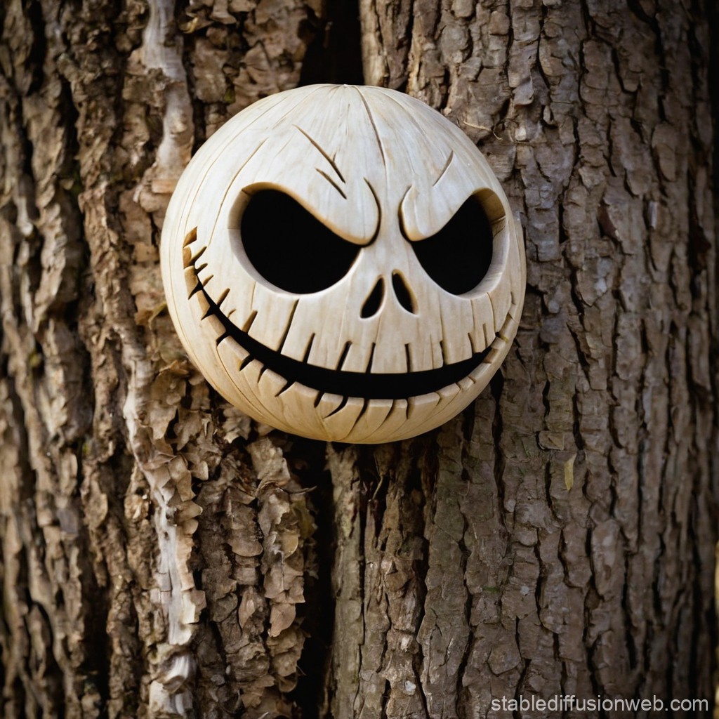 Carved Wooden Jack Skellington Face on Tree Bark