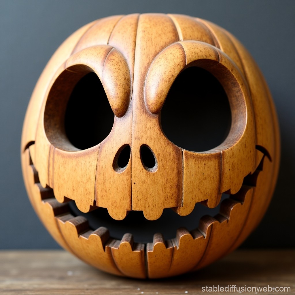 Carved Wooden Pumpkin with Grinning Face