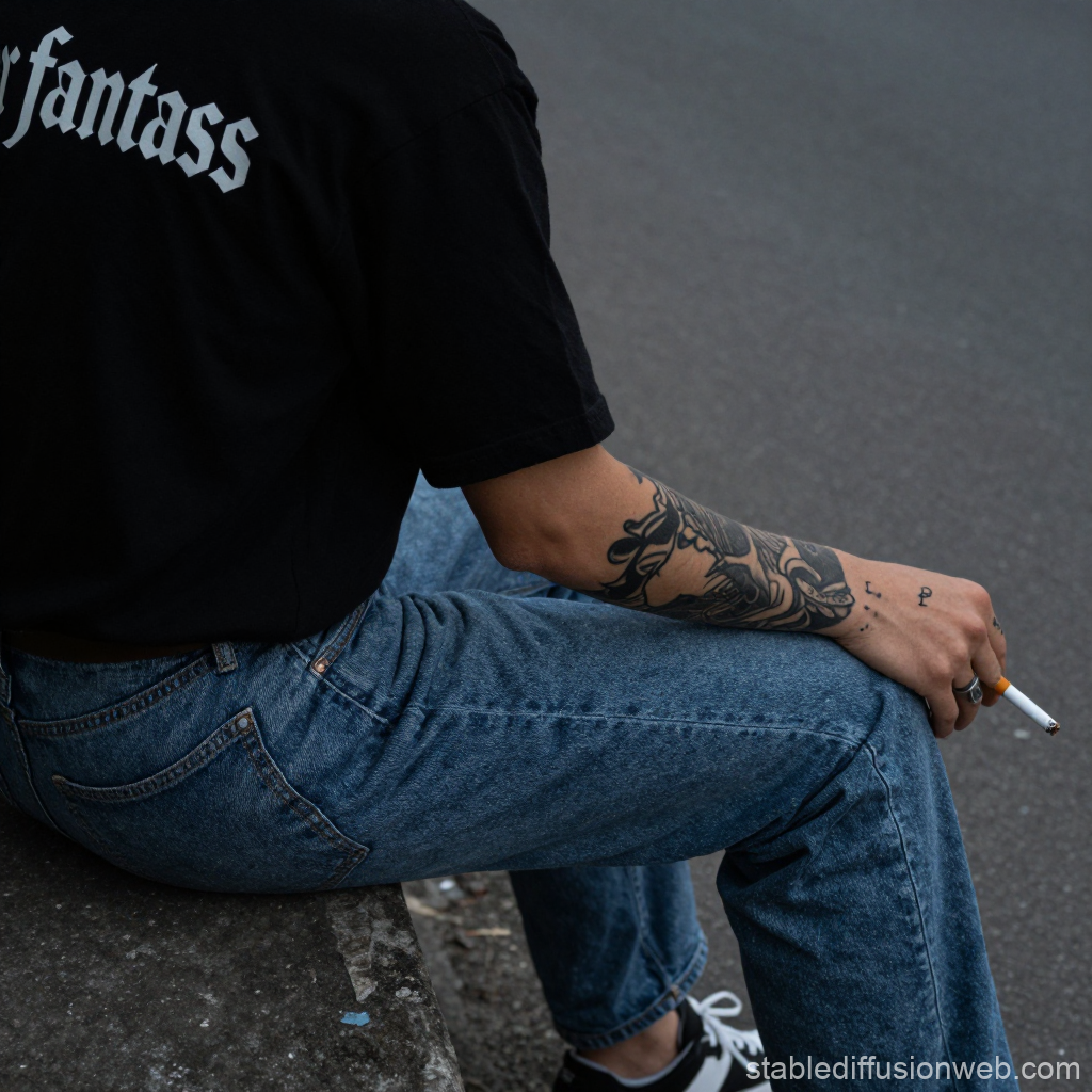 Casual Man Sitting with Tattooed Arm and Cigarette