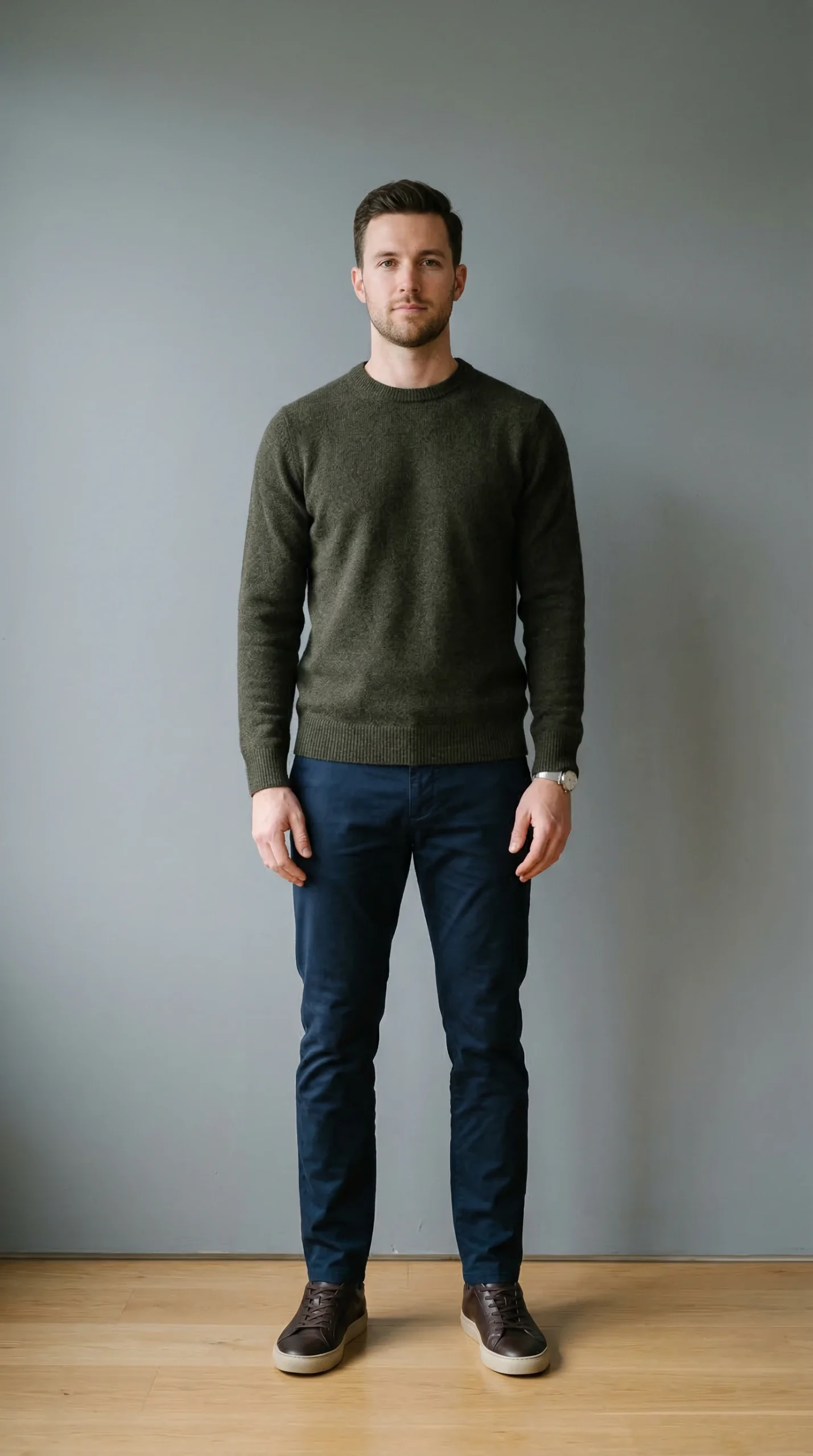 Casual Portrait of Man Standing Against Grey Wall