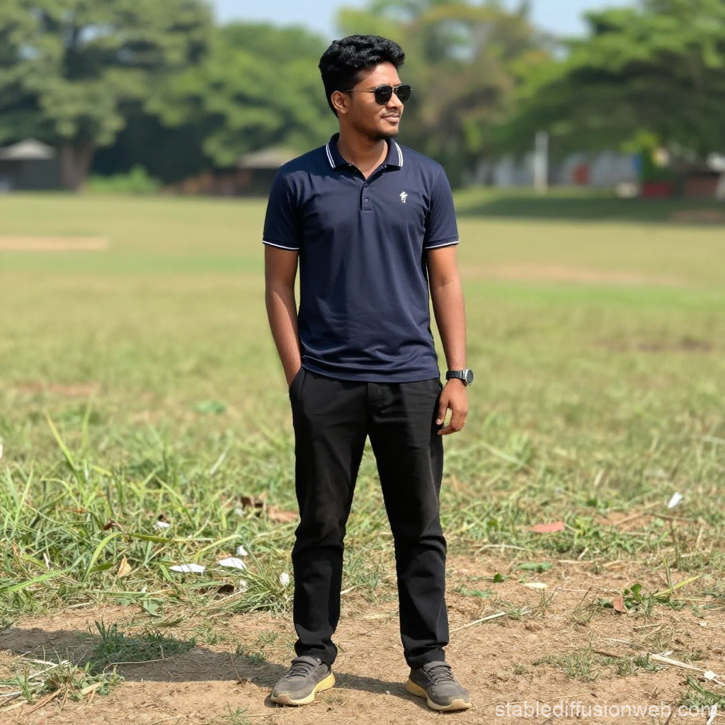 Casual Young Man Standing Outdoors in Sunny Field