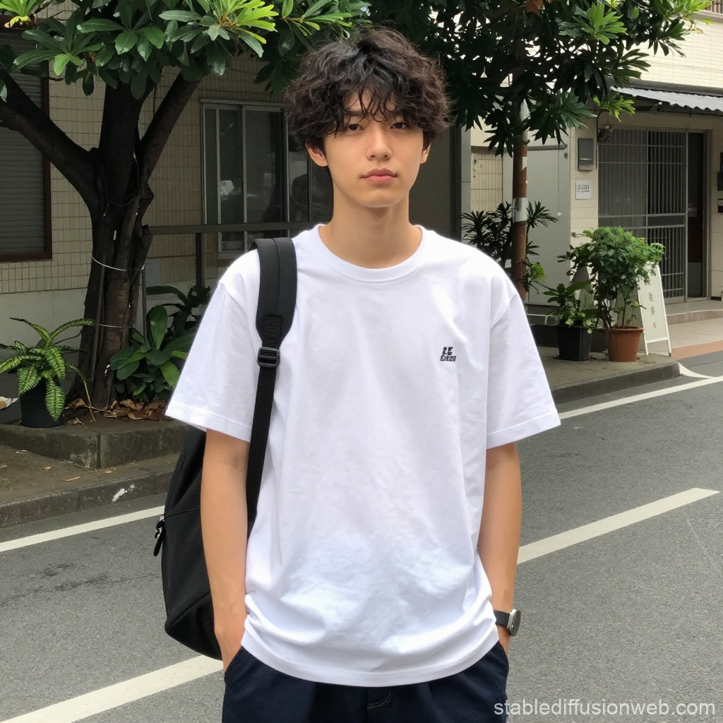 Casual Young Man Wearing White T-Shirt Outdoors