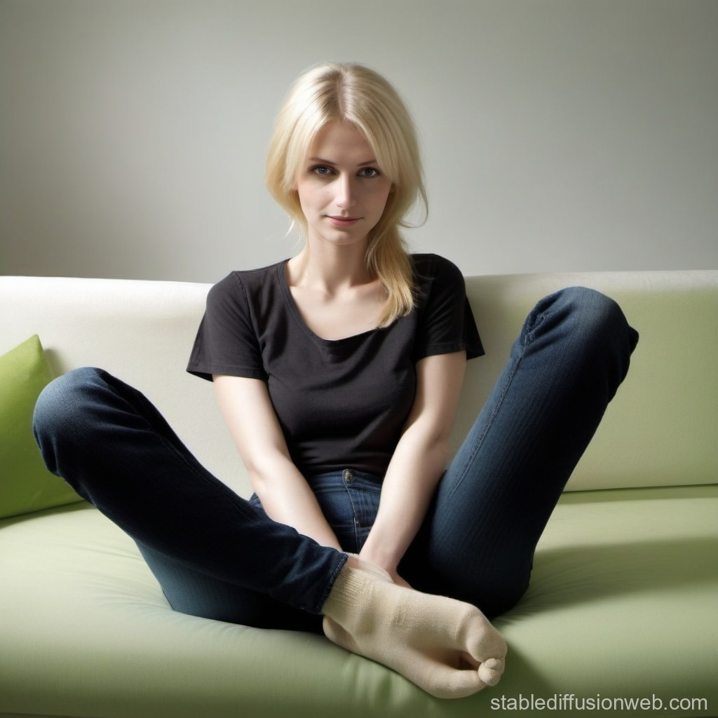 Casual Young Woman Sitting on Sofa in Relaxed Pose