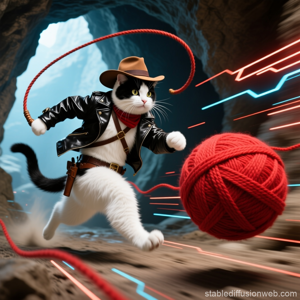 Cat Adventurer Chasing Giant Yarn Ball in Cave