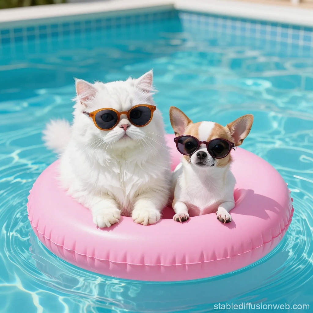 Cat and Chihuahua Relaxing on Pink Float in Pool
