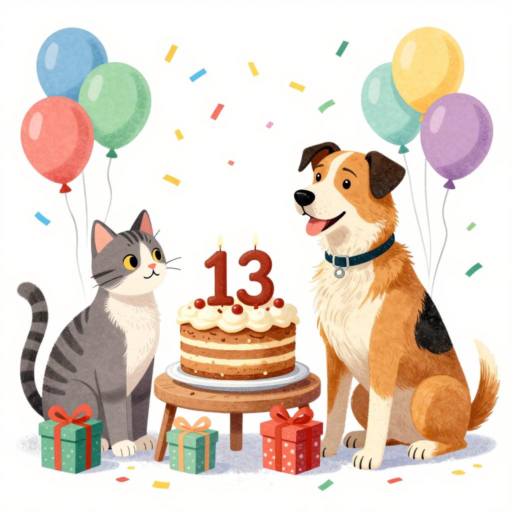 Cat and Dog Celebrating 13th Birthday with Cake and Balloons