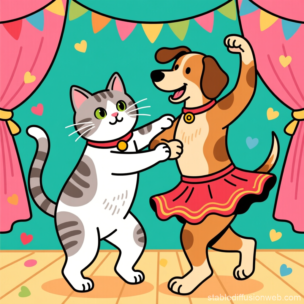 Cat and Dog Dancing Together on Stage