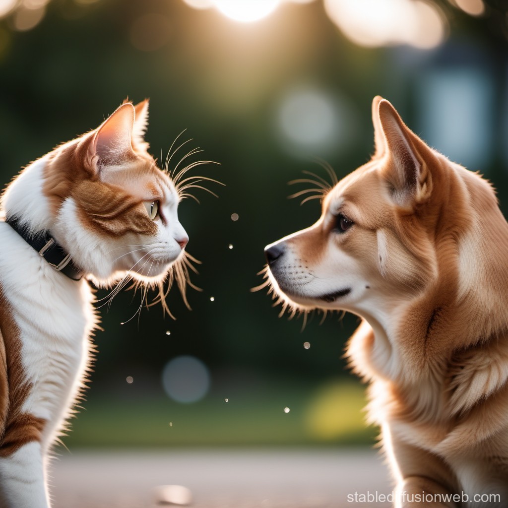 Cat and Dog Face to Face in Soft Sunlight