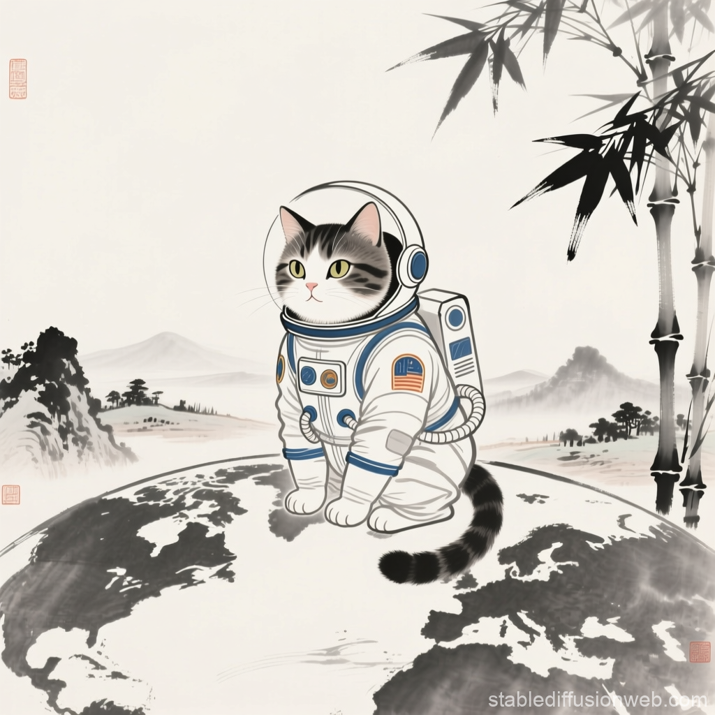 Cat Astronaut in Traditional Ink Landscape