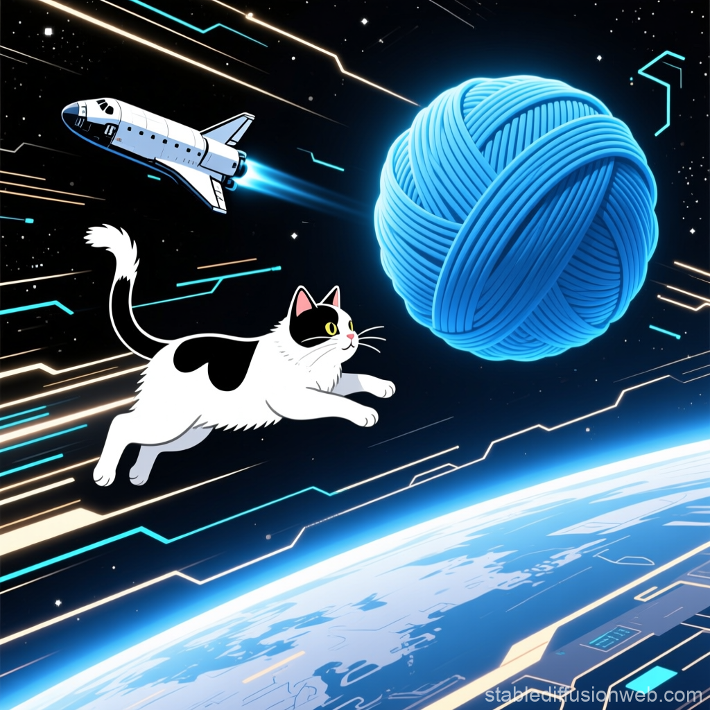 Cat Chasing Yarn Ball in Space with Shuttle