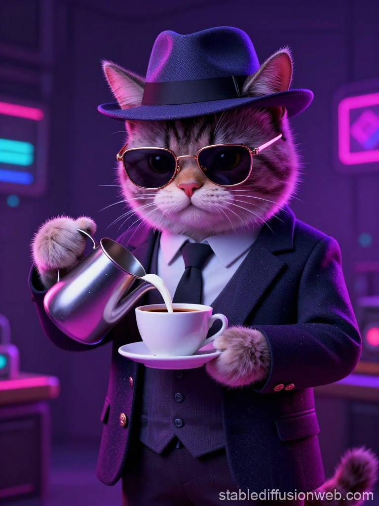 Cat Mafia Boss Pouring Coffee in Stylish Suit