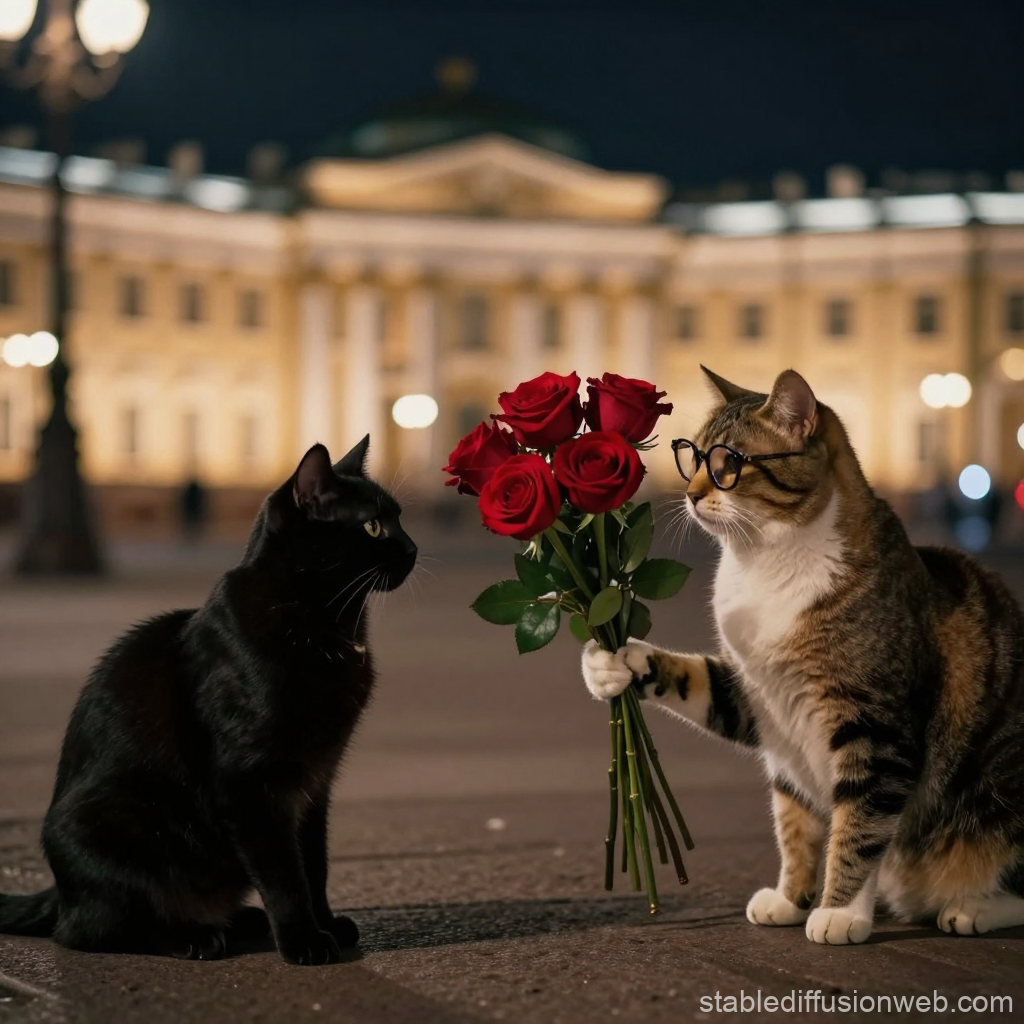 Cat Offering Red Roses in a Romantic Night Scene